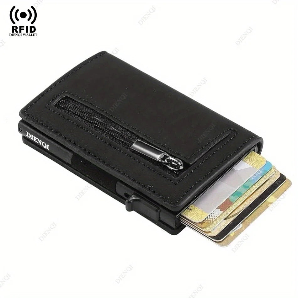 RFID-blocking MagSafe genuine leather wallet card holder in black on iPhone