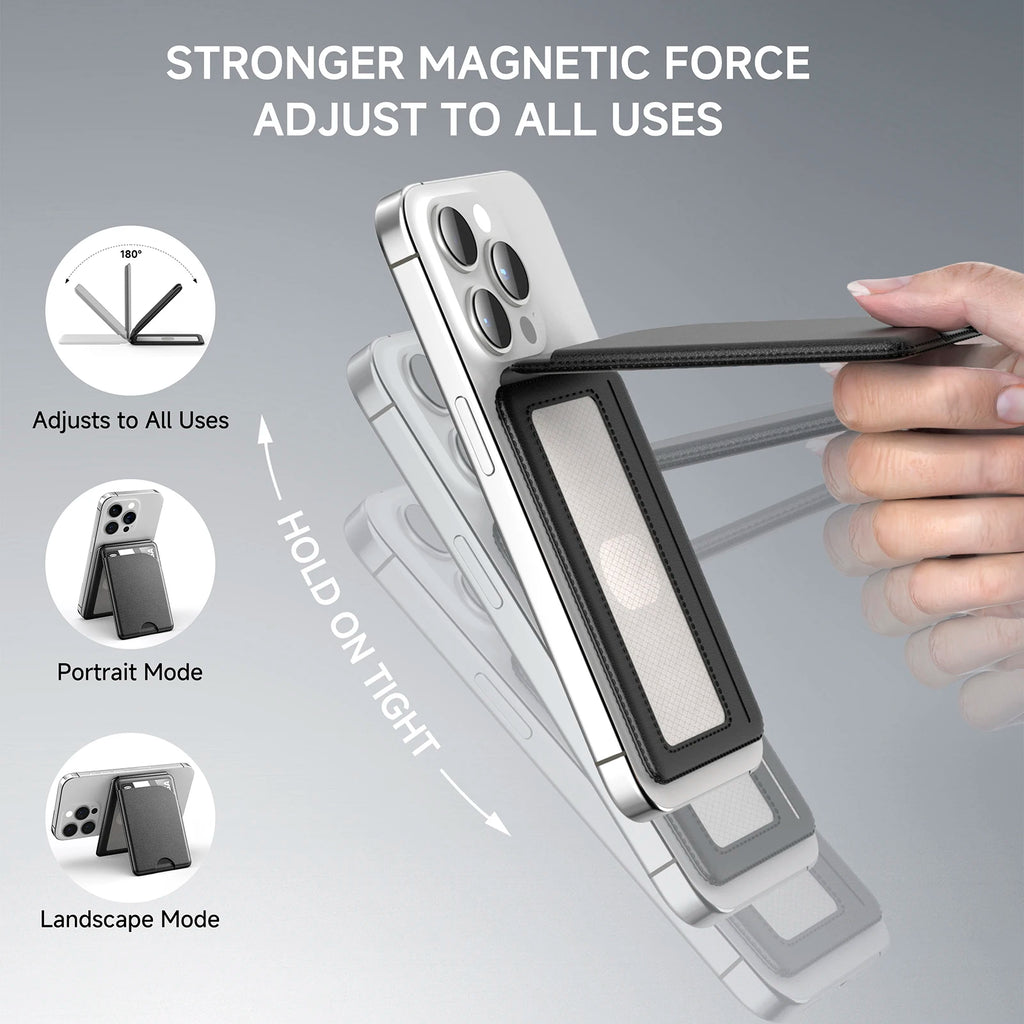 MagSafe leather wallet kickstand propped in landscape mode for hands-free iPhone viewing