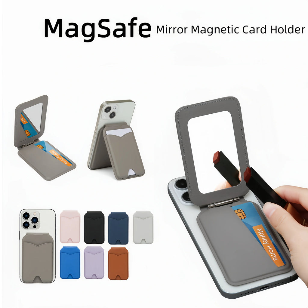 Leather MagSafe wallet with mirror and kickstand on an iPhone