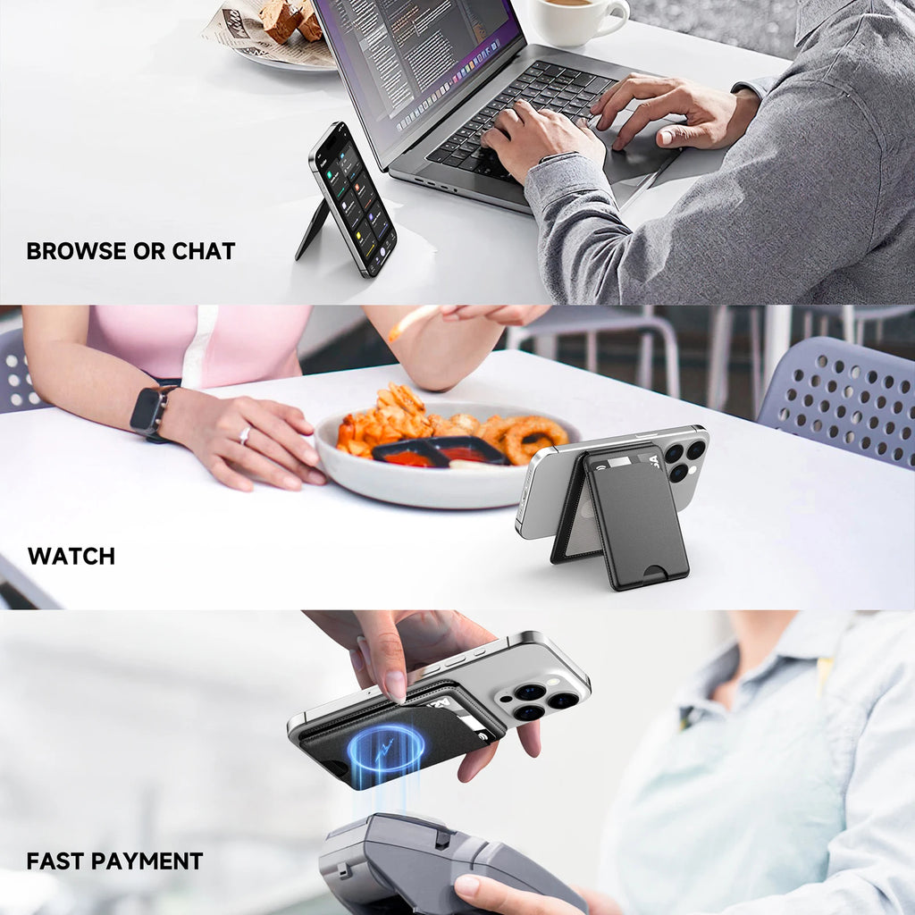Cards sliding into MagSafe leather wallet card holder on iPhone