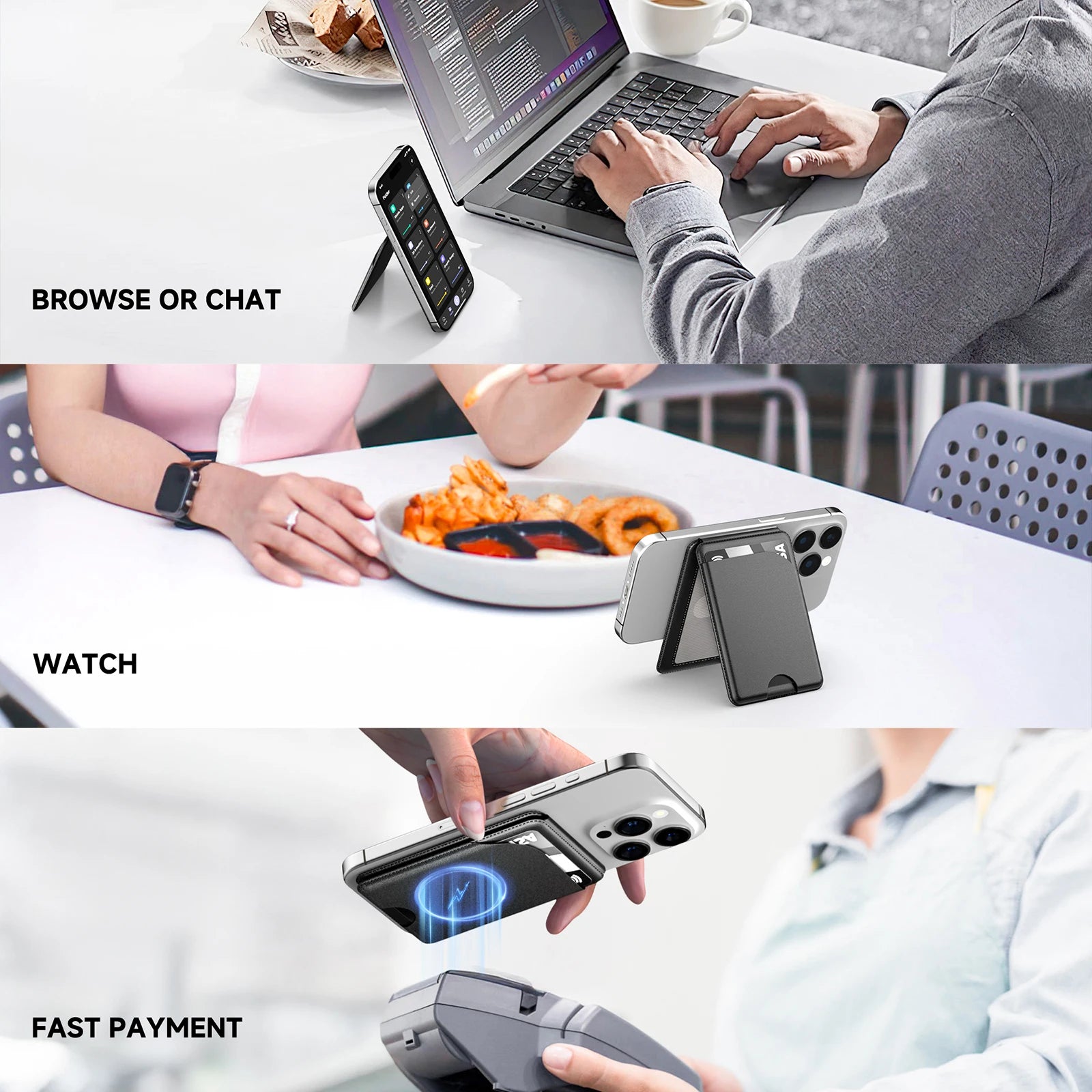 Cards sliding into MagSafe leather wallet card holder on iPhone